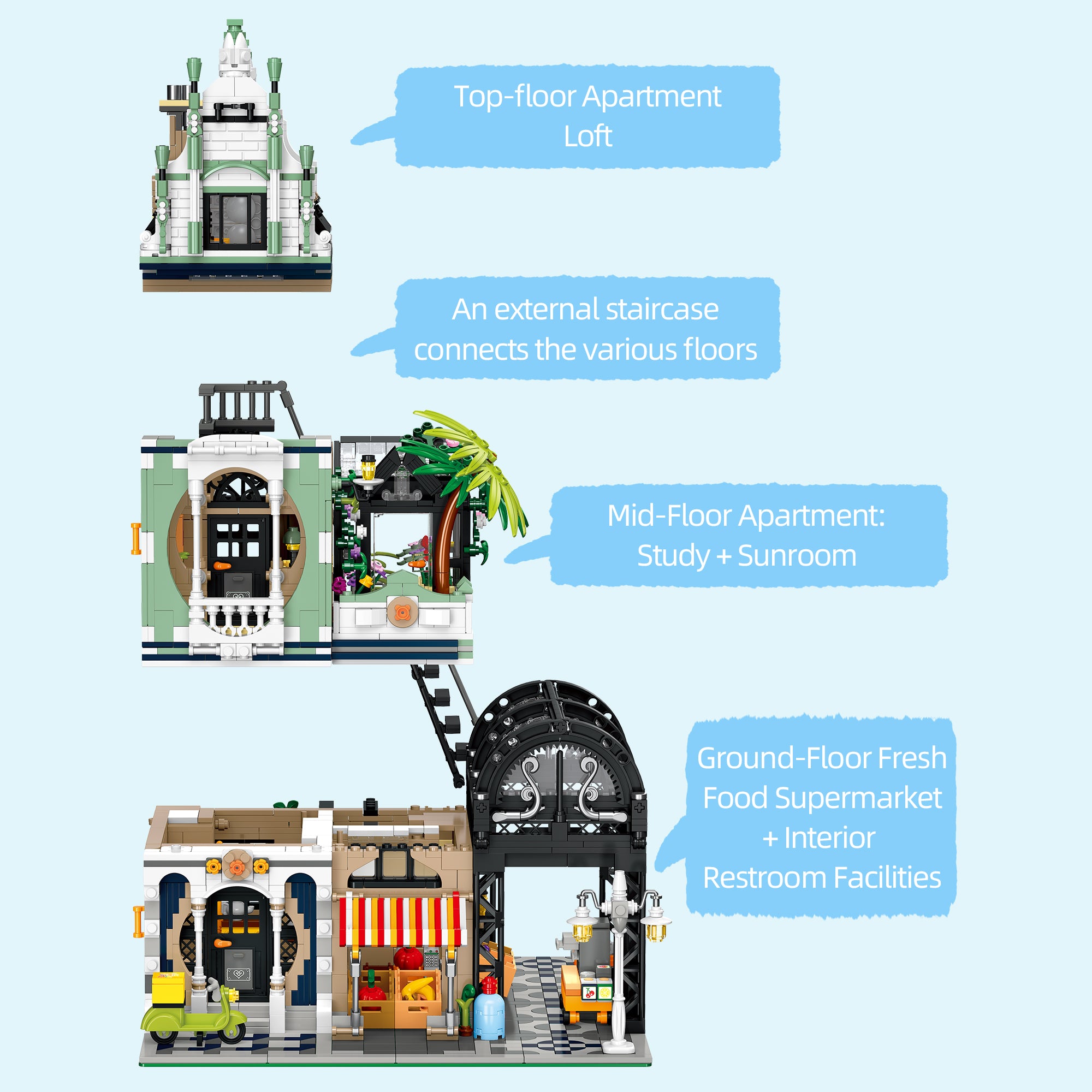 2892Pcs Market Street Building Blocks Bricks Toys Street View 89155